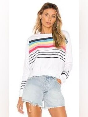 Sundry White Sweatshirt with Multicolor Stripes